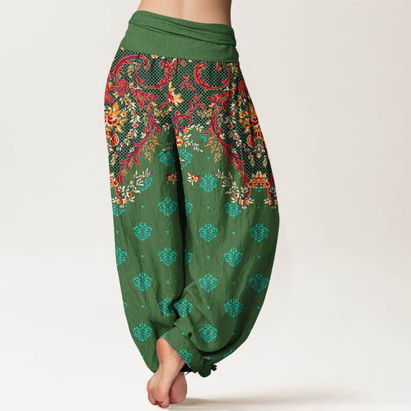 Buddha Stones Cotton Symmetrical Leaf  Scroll Pattern Women's Elastic Waist Harem Pants - image 9