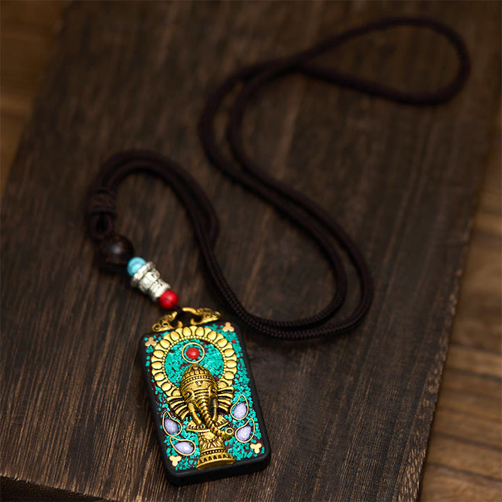 Buddha Stones Tibetan Ganesh Ganpati Elephant Ebony Wood Rope Peace Necklace Pendant - image 6