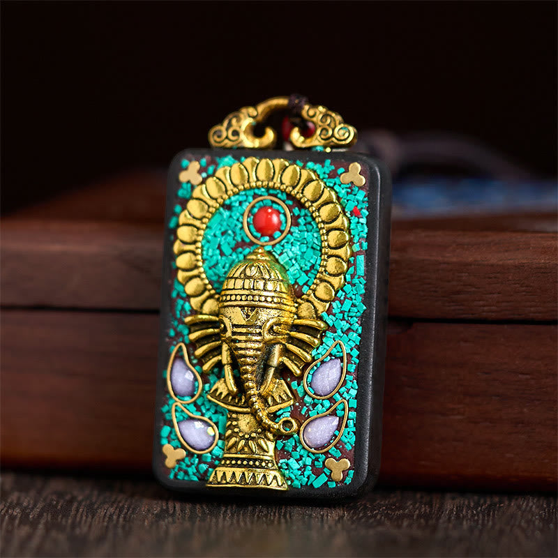 Buddha Stones Tibetan Ganesh Ganpati Elephant Ebony Wood Rope Peace Necklace Pendant - image 2