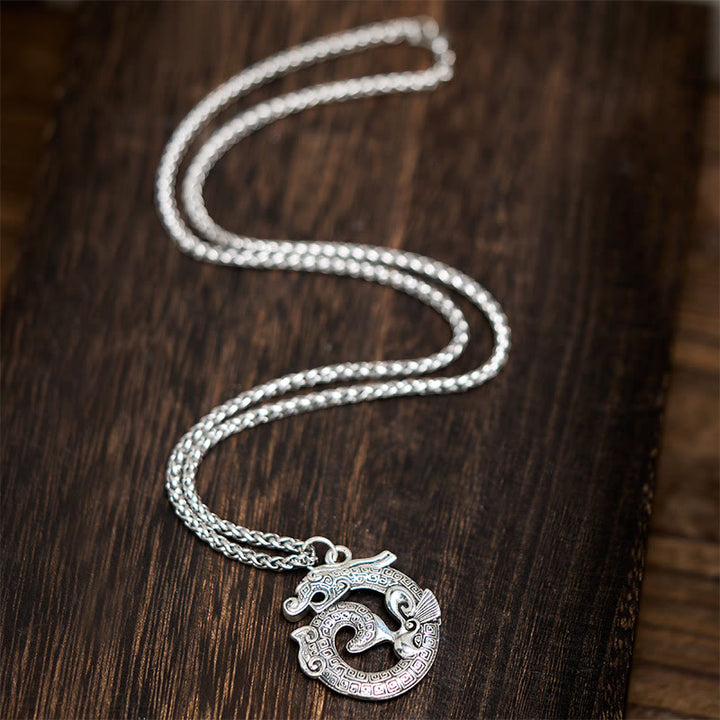 Buddha Stones Tibetan Coiling Dragon Taotie Pattern Copper Plated Silver Necklace Pendant - image 4