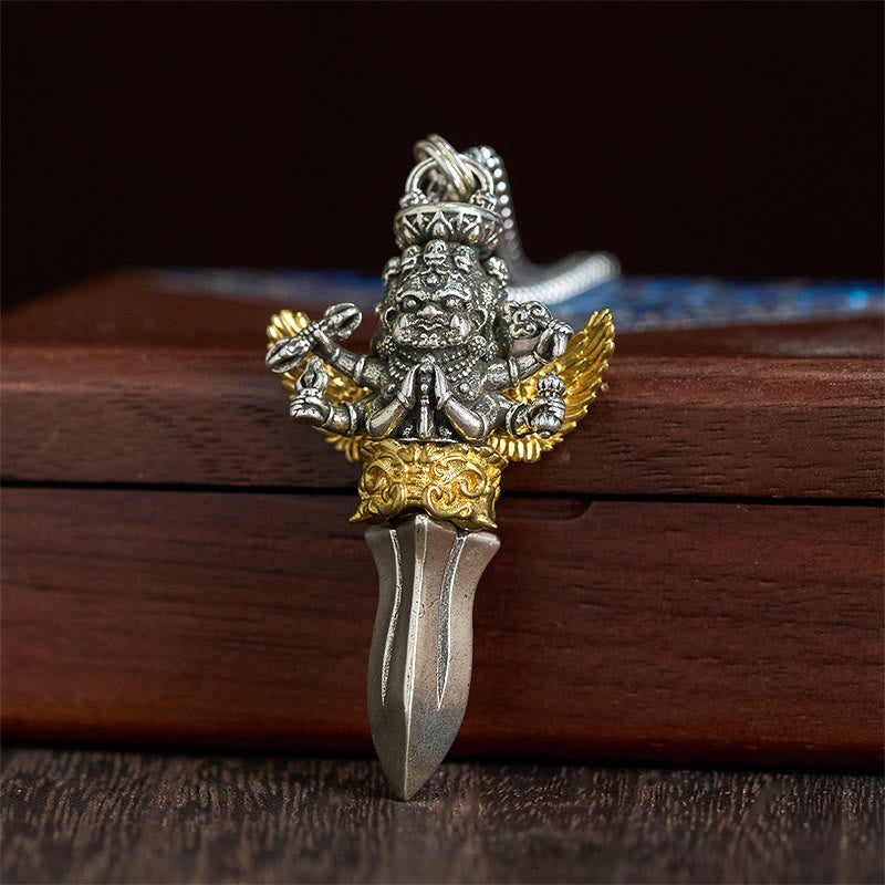 Buddha Stones Tibetan Vajra Three Heads Six Arms Design Copper Healing Spiritual Power Necklace Pendant - image 2