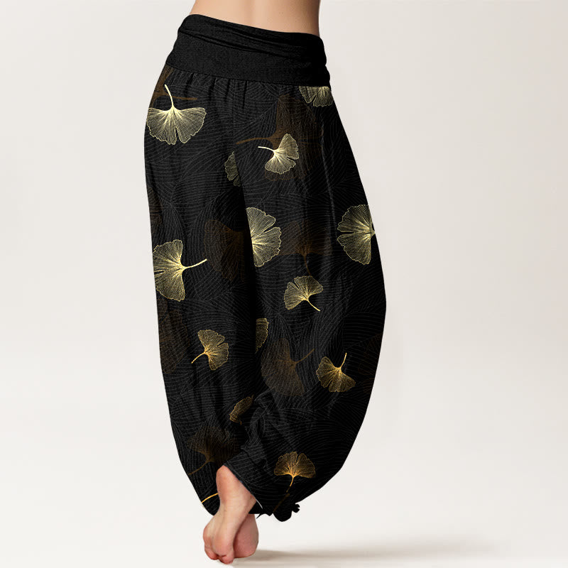 Buddha Stones Cotton Elegant Ginkgo Pattern Women's Elastic Waist Harem Pants - image 1
