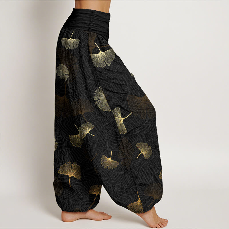 Buddha Stones Cotton Elegant Ginkgo Pattern Women's Elastic Waist Harem Pants - image 2