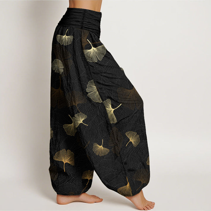 Buddha Stones Cotton Elegant Ginkgo Pattern Women's Elastic Waist Harem Pants - image 2