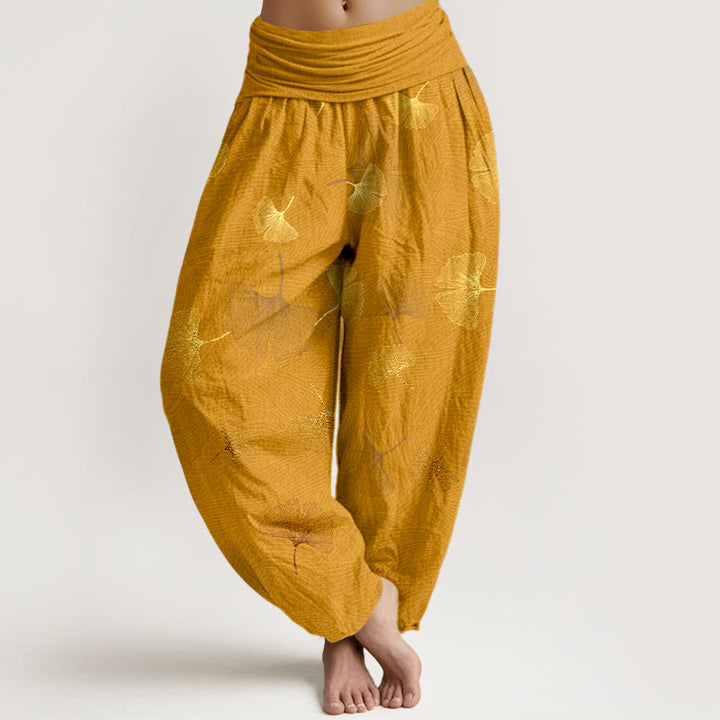 Buddha Stones Cotton Elegant Ginkgo Pattern Women's Elastic Waist Harem Pants - Goldenrod - US16，UK/AU20，EU48 (3XL) - image 8