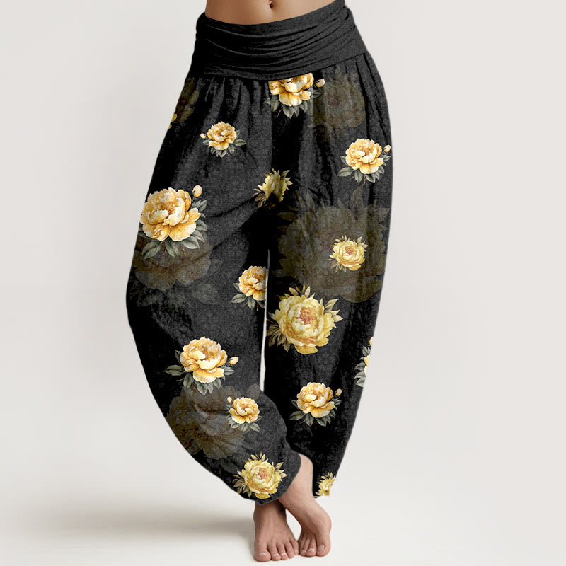 Buddha Stones Cotton Delicate Peony Pattern Women's Elastic Waist Harem Pants - Black - US16，UK/AU20，EU48 (3XL) - image 5