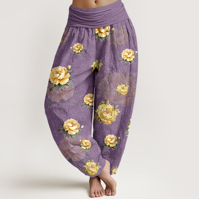 Buddha Stones Cotton Delicate Peony Pattern Women's Elastic Waist Harem Pants - MediumOrchid - US16，UK/AU20，EU48 (3XL) - image 8