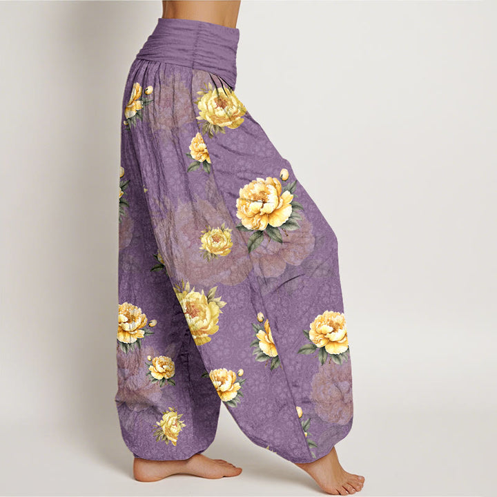 Buddha Stones Cotton Delicate Peony Pattern Women's Elastic Waist Harem Pants - image 10