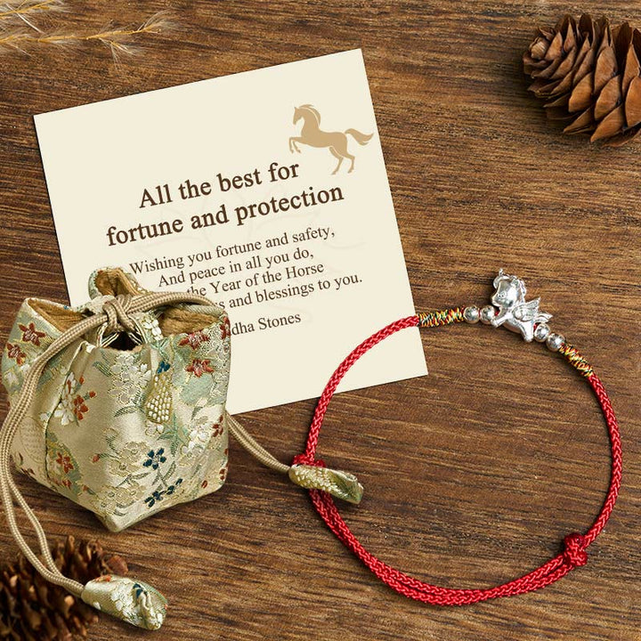 Buddha Stones "All the Best for Fortune and Protection" 925 Sterling Silver Year Of The Horse String Bracelet Includes Gift Message Card - Red(Wrist Circumference: 14-18cm) - Deluxe Gift Bag (+$9.59) - image 6