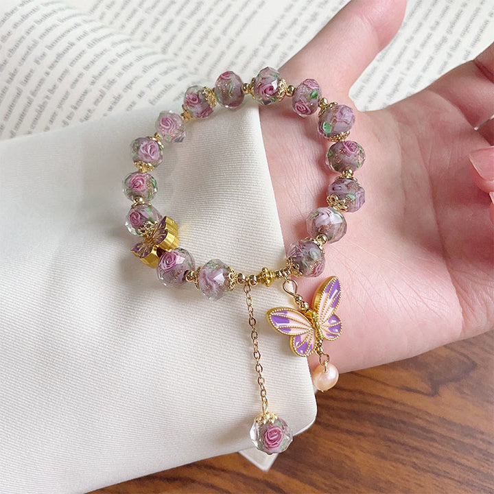 Buddha Stones Double Butterflies Charm Flower Liuli Glass Beaded Love Bracelet - image 2