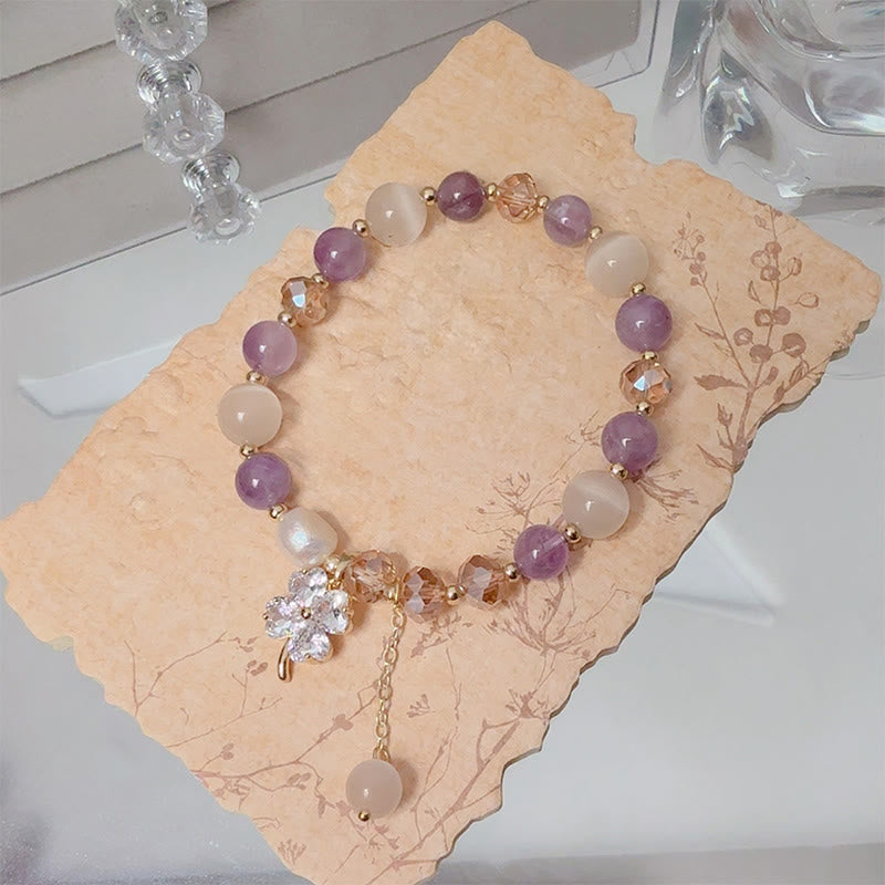 Buddha Stones Four Leaf Clover Amethyst Citrine Green Strawberry Quartz Rutilated Quartz Balance Bracelet - image 2