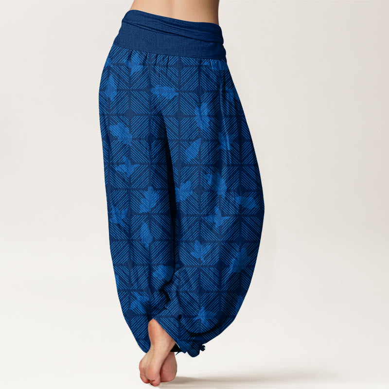 Buddha Stones Cotton Neatly Arranged Checkered Leaf Pattern Women's Elastic Waist Harem Pants - image 1