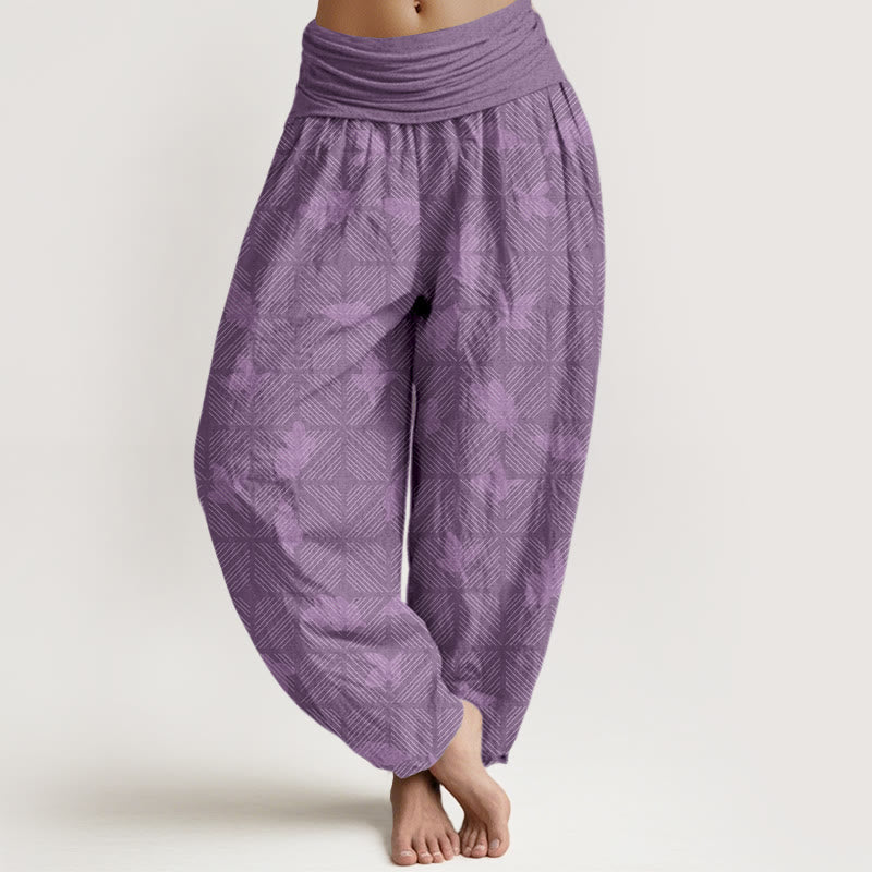 Buddha Stones Cotton Neatly Arranged Checkered Leaf Pattern Women's Elastic Waist Harem Pants - MediumOrchid - US16，UK/AU20，EU48 (3XL) - image 8
