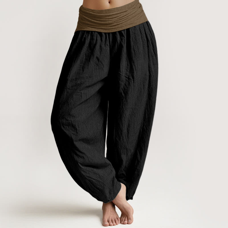 Buddha Stones Cotton Black Green Tan Solid Color Women's Elastic Waist Harem Pants - Black - US16，UK/AU20，EU48 (3XL) - image 0