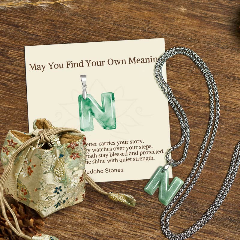 Buddha Stones "May You Find Your Own Meaning" Natural A-Z Letter Jade Titanium Steel Chain Necklace Includes Gift Message Card - N - Titanium Steel Chain(One Pendant) - Deluxe Gift Bag (+$9.59) - image 66