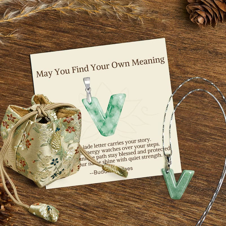 Buddha Stones "May You Find Your Own Meaning" Natural A-Z Letter Jade Titanium Steel Chain Necklace Includes Gift Message Card - image 194
