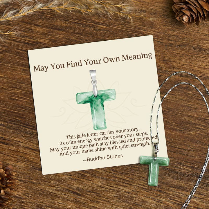 Buddha Stones "May You Find Your Own Meaning" Natural A-Z Letter Jade Titanium Steel Chain Necklace Includes Gift Message Card - image 186