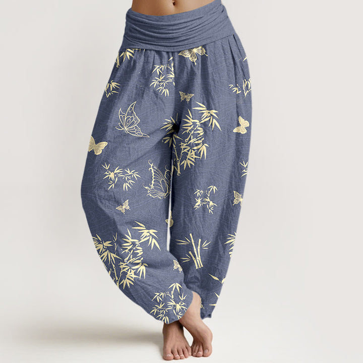 Buddha Stones Cotton Elegant Butterfly Bamboo Pattern Women's Elastic Waist Harem Pants - SlateBlue - US16，UK/AU20，EU48 (3XL) - image 0