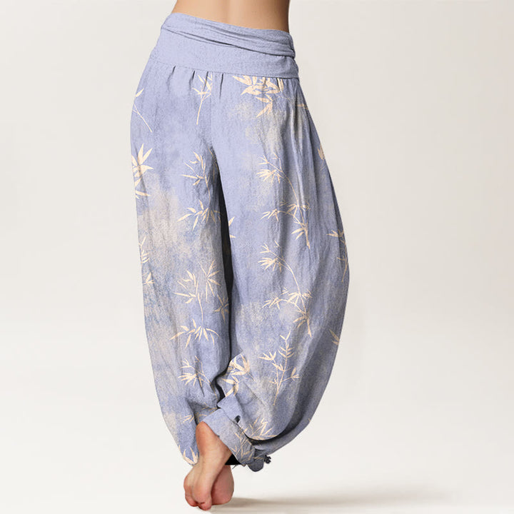 Buddha Stones Cotton Simple Bamboo Leaves Pattern Women's Elastic Waist Harem Pants - image 1