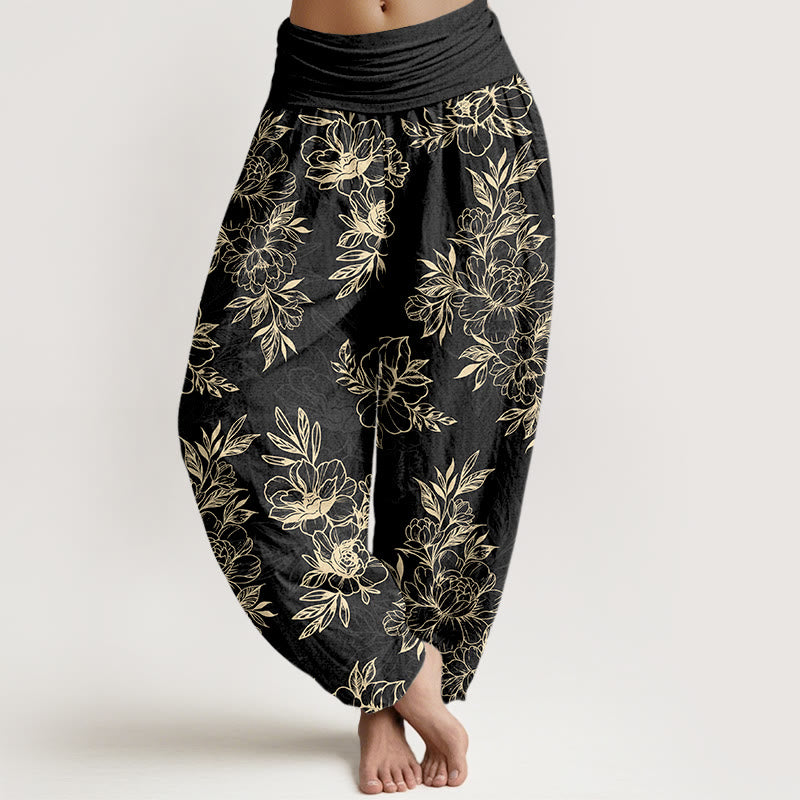 Buddha Stones Cotton Complicated Flowers Leaves Pattern Women's Elastic Waist Harem Pants - Black - US16，UK/AU20，EU48 (3XL) - image 8