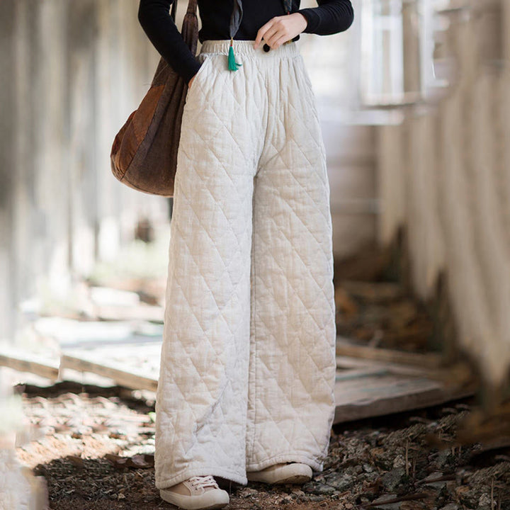 Buddha Stones Solid Color Thick Cotton Women's Wide Leg Pants With Pockets - image 3