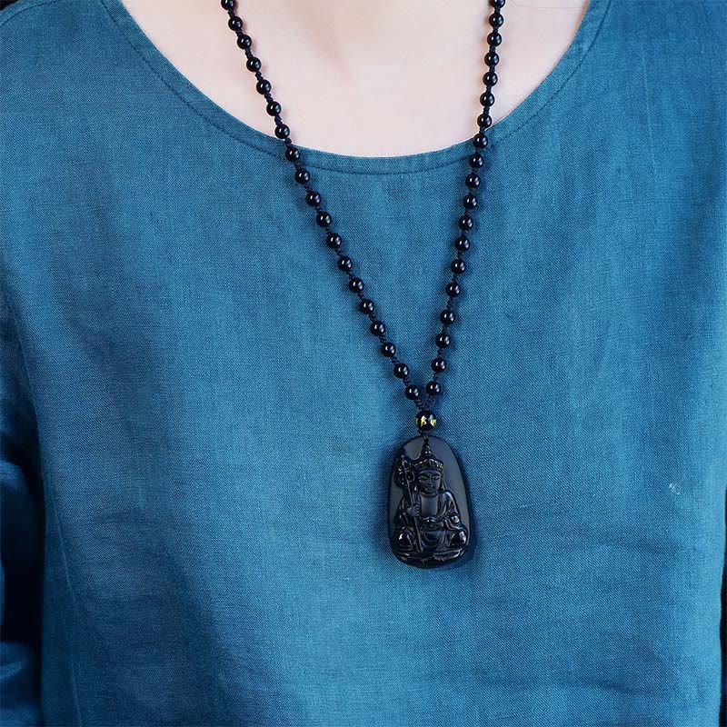 Buddha Stones Ksitigarbha Buddha Pattern Black Obsidian Fulfilment Necklace Pendant - image 3