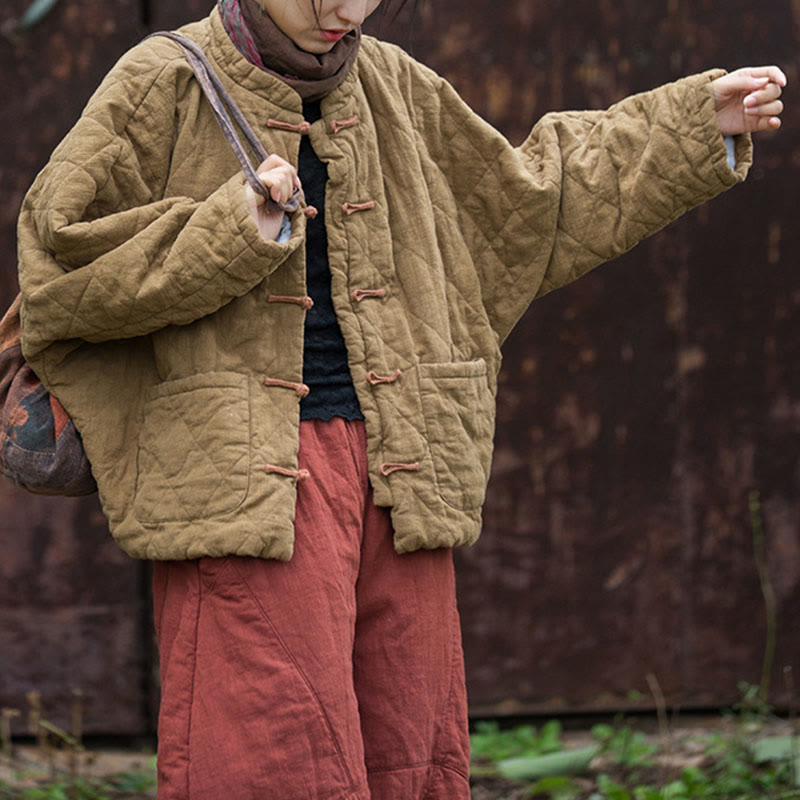 Buddha Stones Winter Frog-Button Lines Open Front Cotton Long Sleeve Women's Thermal Jacket With Pockets - image 29