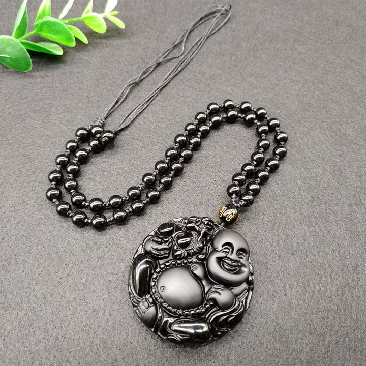 Buddha Stones Laughing Buddha Pattern Black Obsidian Glass Fulfilment Necklace Pendant - image 1