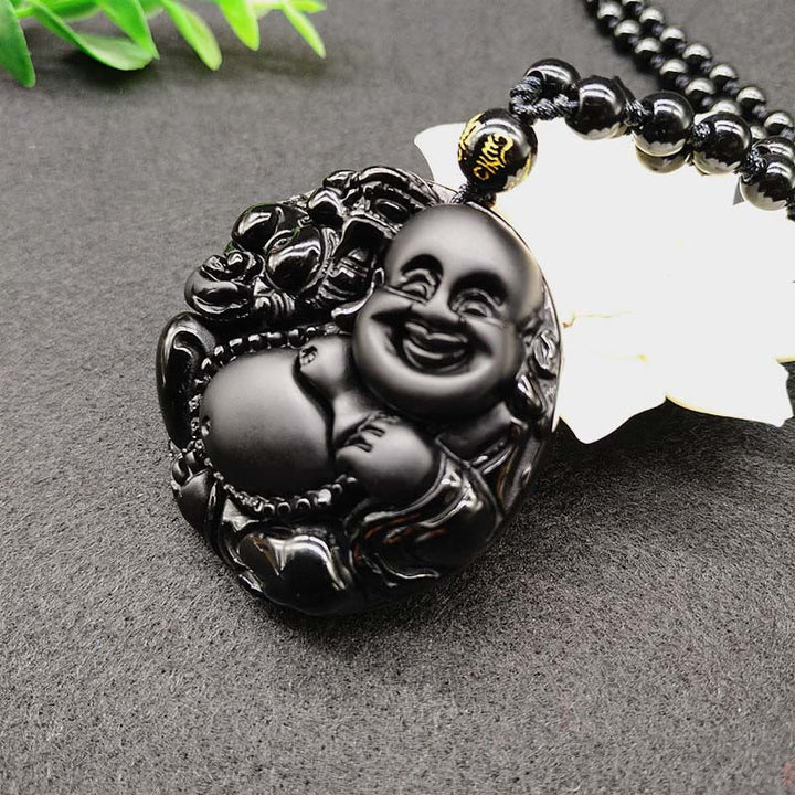 Buddha Stones Laughing Buddha Pattern Black Obsidian Glass Fulfilment Necklace Pendant - image 2