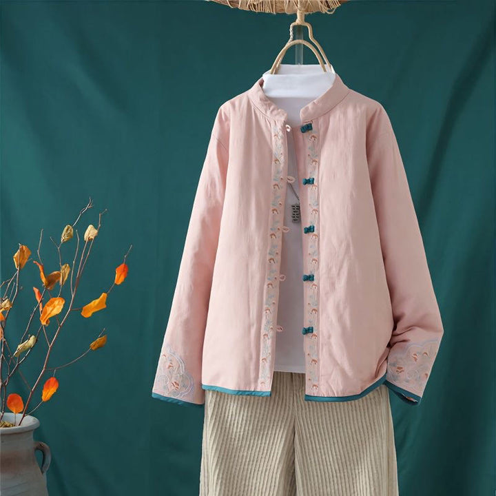 Buddha Stones Winter Frog-Button Embroidery Flowers Vines Open Front Cotton Long Sleeve Women's Thermal Jacket - MistyRose - US8-10，UK/AU12-14，EU40-42 (2XL) - image 2