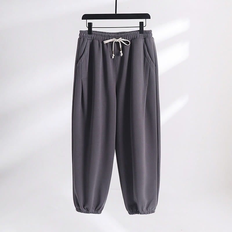 Buddha Stones Fall Winter Solid Drawstring Regular Fleece-Lined Elastic Waist Men's Cotton Harem Pants With Pockets - Dark Grey(Regular Version) - US/UK/AU54，EU64 (9XL) - image 0