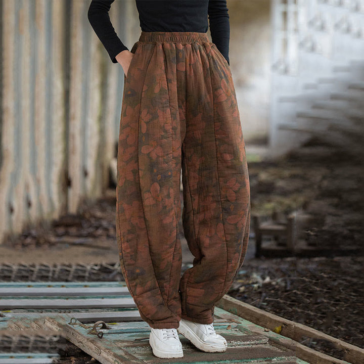 Buddha Stones Flower Pattern Cotton Thick Women's Pants With Pockets - image 3