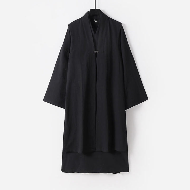 Buddha Stones 2Pcs Wudang Fall Solid Long Sleeve Men's Taoist Long Robe Sleeveless Vest Lace-up Kimono Ceremony Suit - Black - US/UK/AU54，EU64 (9XL) - image 9