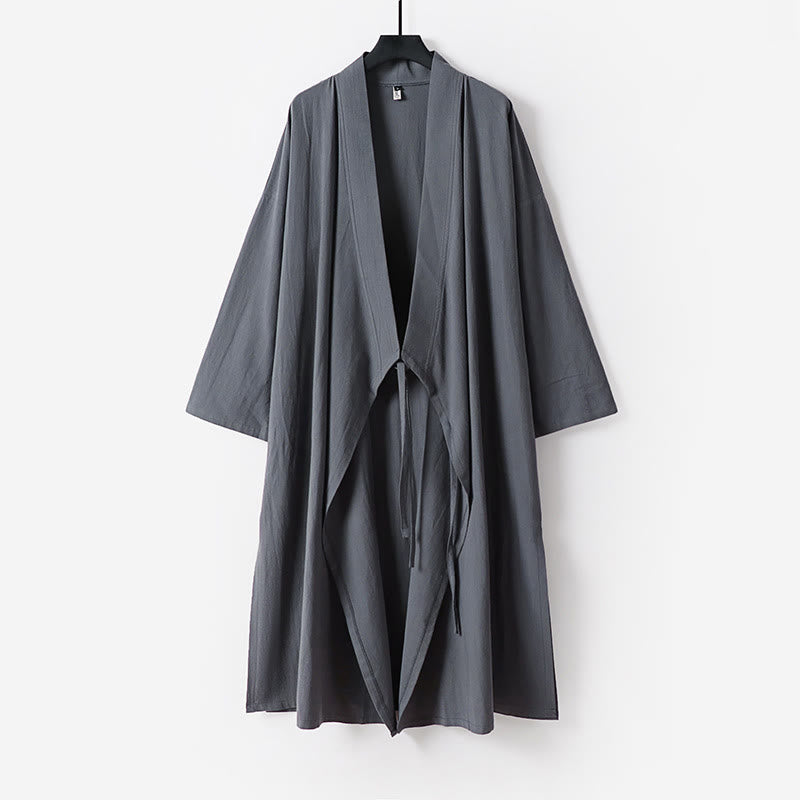 Buddha Stones 2Pcs Wudang Fall Solid Long Sleeve Men's Taoist Long Robe Sleeveless Vest Lace-up Kimono Ceremony Suit - image 3