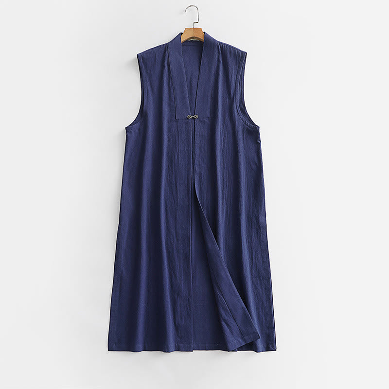 Buddha Stones 2Pcs Wudang Fall Solid Long Sleeve Men's Taoist Long Robe Sleeveless Vest Lace-up Kimono Ceremony Suit - image 16
