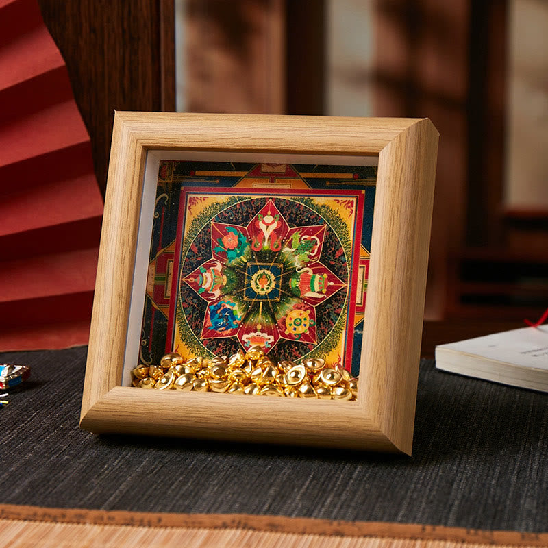 Buddha Stones Tibetan Om Mani Padme Hum Golden Ingot Thangka Photo Frame Ornament Home Decor - Style 3 - Yellow Medium Density Fiberboard(10*10*4cm) - image 4