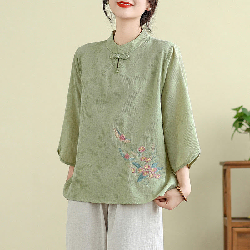 Buddha Stones Flower Embroidery Three Quarter Sleeve One Frog-Button Mandarin Collar Cotton Women's Shirt - PaleGreen - US12，UK/AU16，EU44 (3XL) - image 0