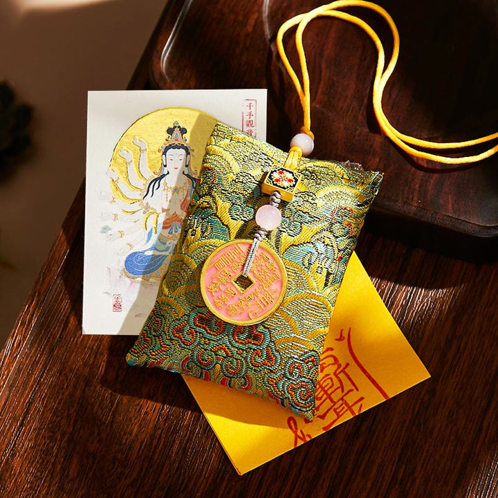 Buddha Stones Chinese Zodiac Natal Buddha Copper Coins Sachet Blessing Hanging Decoration - Green Fabric - Rat-Thousand-armed Avalokitesvara - image 2