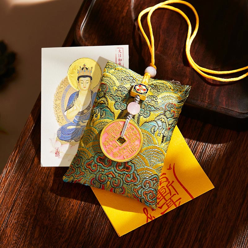 Buddha Stones Chinese Zodiac Natal Buddha Copper Coins Sachet Blessing Hanging Decoration - Green Fabric - Goat/Monkey-Tathagata - image 10