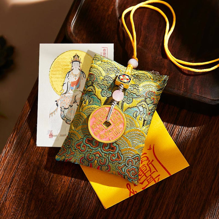 Buddha Stones Chinese Zodiac Natal Buddha Copper Coins Sachet Blessing Hanging Decoration - Green Fabric - Dragon/Snake-Samantabhadra Bodhisattva - image 12