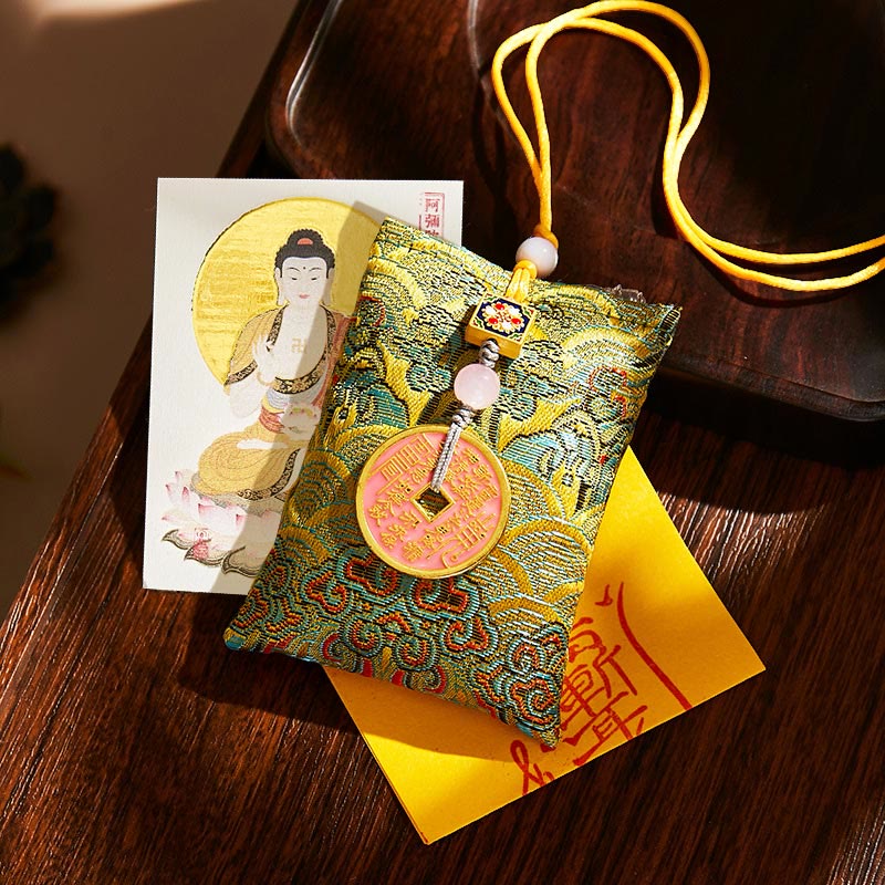 Buddha Stones Chinese Zodiac Natal Buddha Copper Coins Sachet Blessing Hanging Decoration - Green Fabric - Dog/Pig-Amitabha Buddha - image 14