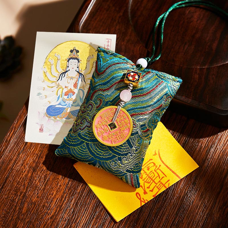 Buddha Stones Chinese Zodiac Natal Buddha Copper Coins Sachet Blessing Hanging Decoration - Dark Green Fabric - Rat-Thousand-armed Avalokitesvara - image 17