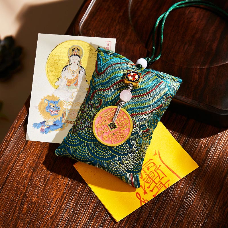Buddha Stones Chinese Zodiac Natal Buddha Copper Coins Sachet Blessing Hanging Decoration - Dark Green Fabric - Rabbit-Manjushri Bodhisattva - image 16