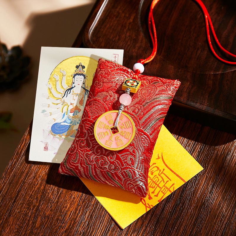 Buddha Stones Chinese Zodiac Natal Buddha Copper Coins Sachet Blessing Hanging Decoration - Red Fabric - Rat-Thousand-armed Avalokitesvara - image 25