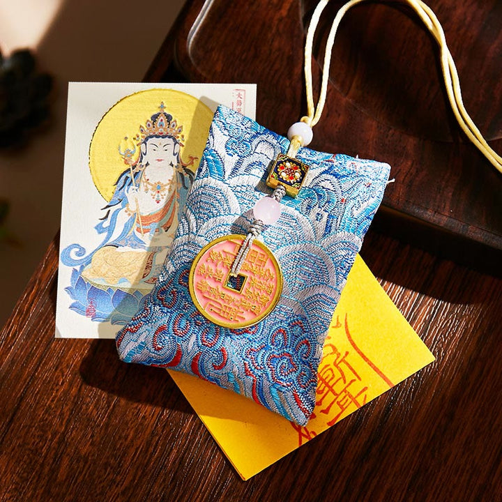 Buddha Stones Chinese Zodiac Natal Buddha Copper Coins Sachet Blessing Hanging Decoration - Light Blue Fabric - Horse-Mahasattva Bodhisattva - image 36