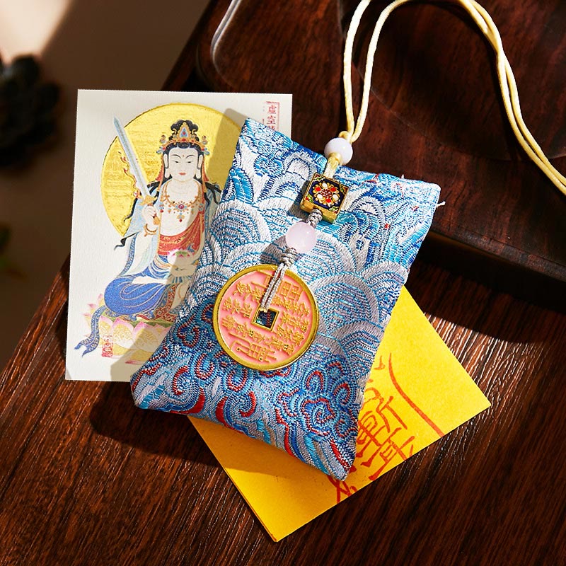 Buddha Stones Chinese Zodiac Natal Buddha Copper Coins Sachet Blessing Hanging Decoration - Light Blue Fabric - Ox/Tiger-Void Bodhisattva - image 34