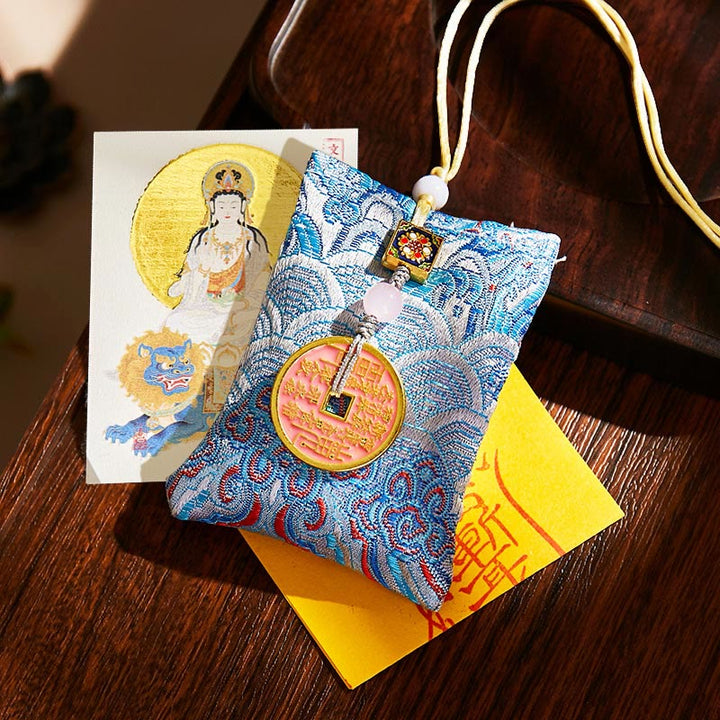 Buddha Stones Chinese Zodiac Natal Buddha Copper Coins Sachet Blessing Hanging Decoration - Light Blue Fabric - Rabbit-Manjushri Bodhisattva - image 32