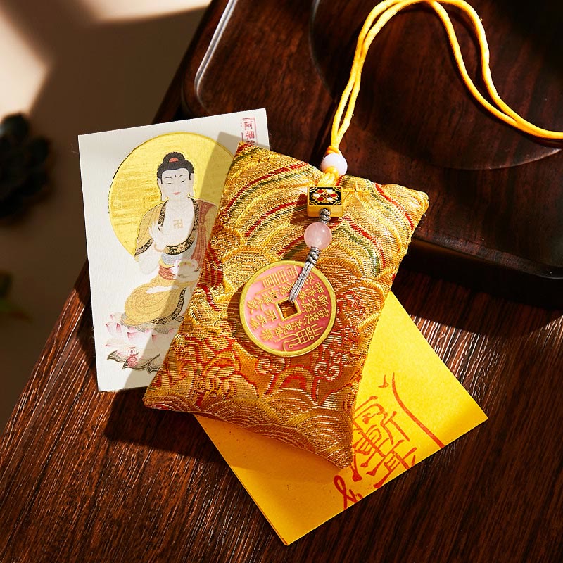 Buddha Stones Chinese Zodiac Natal Buddha Copper Coins Sachet Blessing Hanging Decoration - Yellow Fabric - Dog/Pig-Amitabha Buddha - image 47