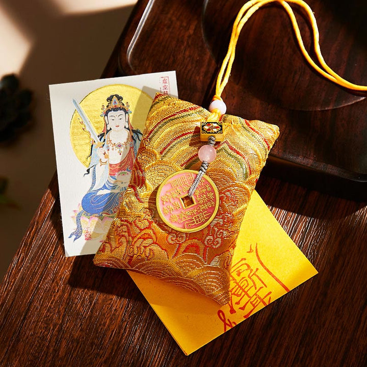 Buddha Stones Chinese Zodiac Natal Buddha Copper Coins Sachet Blessing Hanging Decoration - Yellow Fabric - Ox/Tiger-Void Bodhisattva - image 42