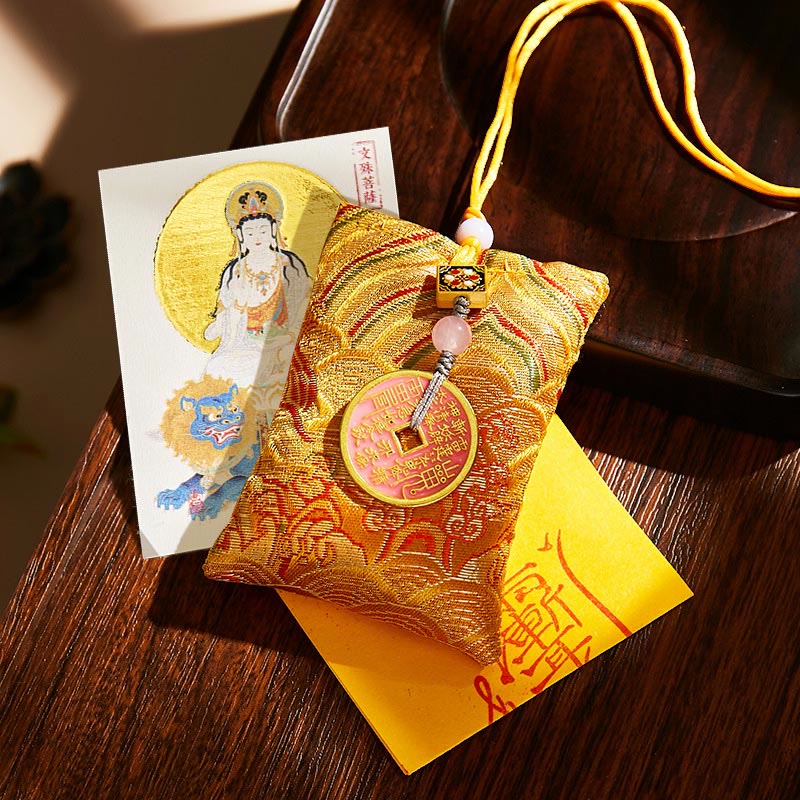 Buddha Stones Chinese Zodiac Natal Buddha Copper Coins Sachet Blessing Hanging Decoration - Yellow Fabric - Rabbit-Manjushri Bodhisattva - image 40